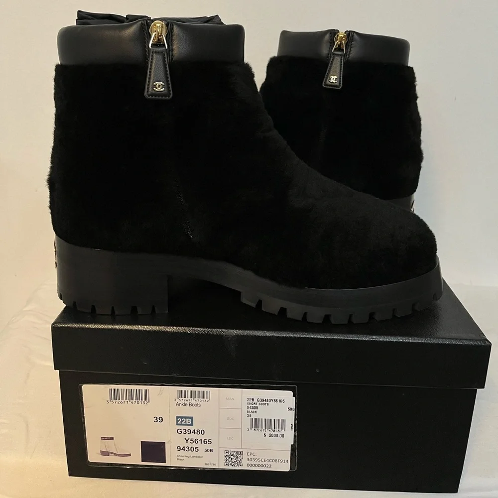 CHANEL Black Shearling Ankle Booties with Logo Cuff